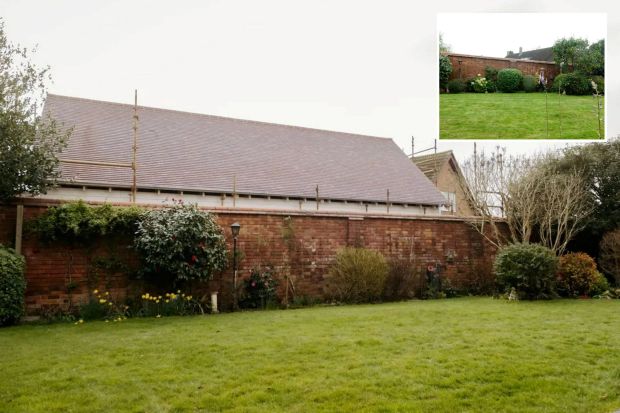 An image collage containing 2 images, Image 1 shows A large house extension under construction viewed from a neighboring garden, Image 2 shows Garden view before a new building was constructed