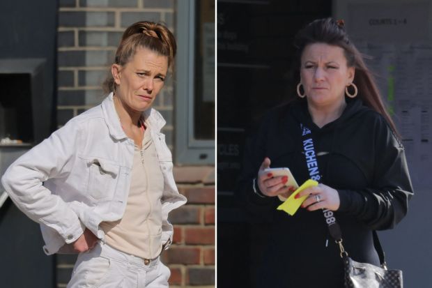 An image collage containing 2 images, Image 1 shows Woman in white jacket outside courthouse, Image 2 shows Woman outside courthouse using phone