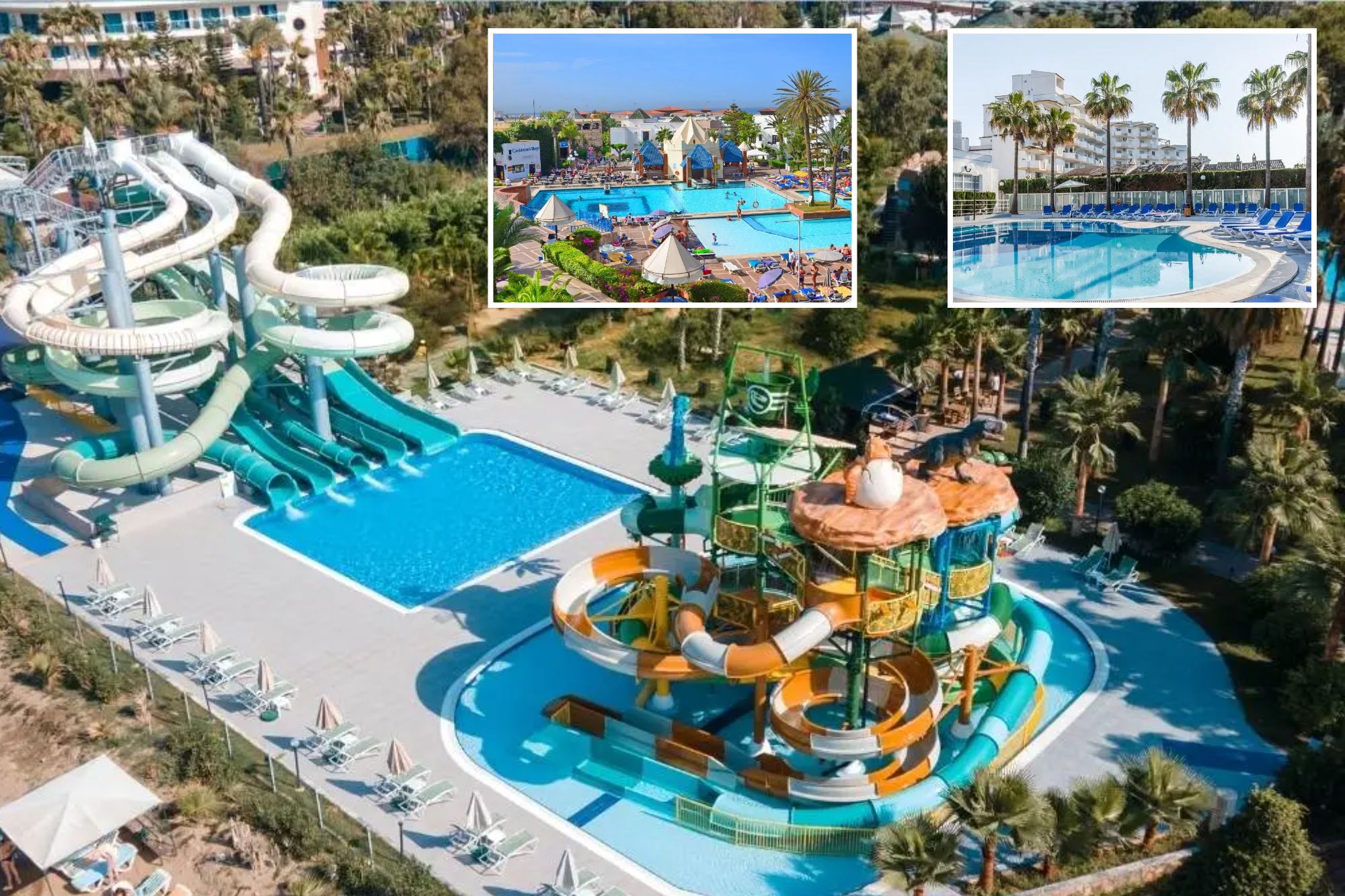 An image collage containing 3 images, Image 1 shows Aerial view of a resort water park with slides and pools, Image 2 shows Bluesea Gran Playa hotel pool and surrounding area in Sa Coma, Majorca, Image 3 shows Aerial view of Caribbean Village resort pool and surrounding area