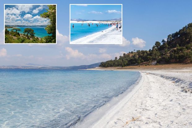 An image collage containing 3 images, Image 1 shows Salda Lake in Burdur, Turkey, Image 2 shows Lake Salda, Turkey, with turquoise water and a sandy shore, Image 3 shows People swimming and relaxing on the white sand beach of Lake Salda, Turkey
