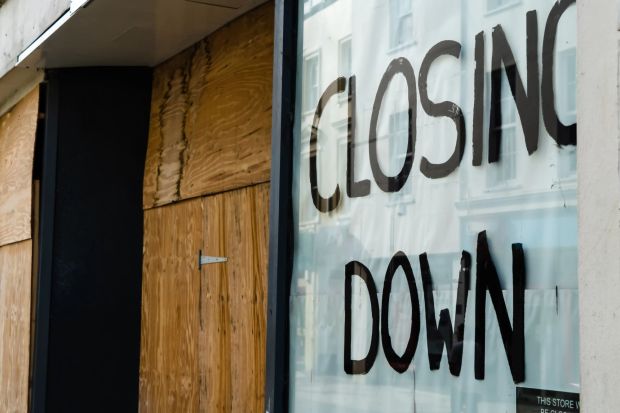 An image collage containing 1 images, Image 1 shows Boarded-up shop window with "CLOSING DOWN" painted on it