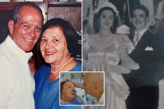 An image collage containing 3 images, Image 1 shows Photo of Paschoal de Haro and Odileta Pansani de Haro, Image 2 shows Black and white photo of a bride and groom on their wedding day, Image 3 shows A husband kisses his wife in a hospital bed
