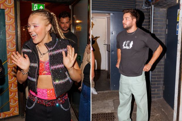 An image collage containing 2 images, Image 1 shows Jojo Siwa leaving a building, Image 2 shows Chris Hughes leaving Colours in Hoxton