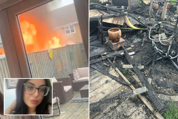 An image collage containing 3 images, Image 1 shows Fire engulfing a garden viewed through a window, Image 2 shows Fire damage to a garden, including charred wood and a damaged terracotta pot, Image 3 shows Woman with dark hair and glasses