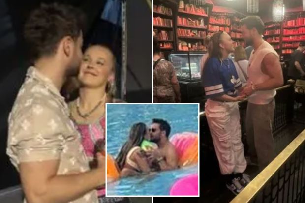 An image collage containing 3 images, Image 1 shows Chris Hughes and JoJo Siwa embracing, Image 2 shows Couple standing in a room with bookshelves, Image 3 shows Jojo Siwa and Chris Hughes kissing in a pool