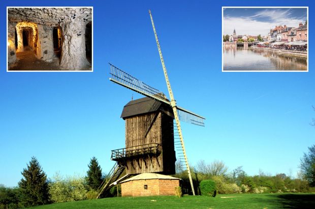 An image collage containing 3 images, Image 1 shows Wooden windmill against a blue sky, Image 2 shows Interior of the Naours Caves, showing a network of tunnels and chambers carved into rock, Image 3 shows Shops and houses along a canal in Saint Leu, Amiens