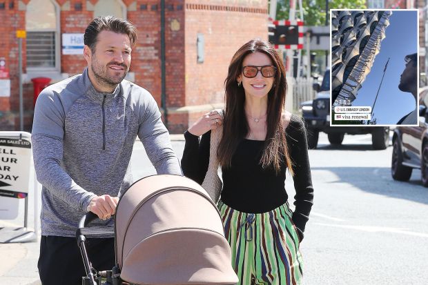An image collage containing 2 images, Image 1 shows Michelle Keegan and Mark Wright pushing a baby stroller, Image 2 shows Man at the U.S. Embassy in London renewing his visa
