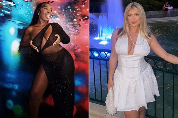 An image collage containing 2 images, Image 1 shows Woman in black dress posing in front of colorful wall, Image 2 shows Woman in white dress by illuminated fountain