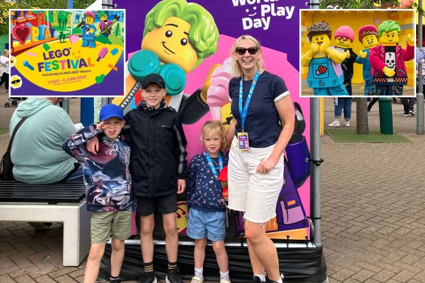 An image collage containing 3 images, Image 1 shows Family posing with a Legoland Festival sign, Image 2 shows Four Lego minifigure mascots in colorful outfits, Image 3 shows Illustration of a Lego festival map with different zones