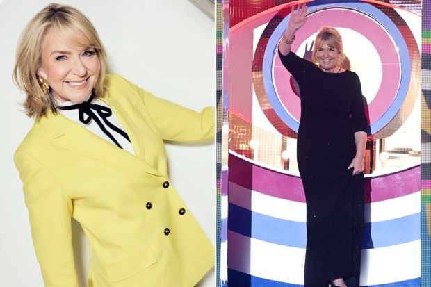 An image collage containing 2 images, Image 1 shows Fern Britton in a yellow suit, Image 2 shows Fern Britton on the Celebrity Big Brother set