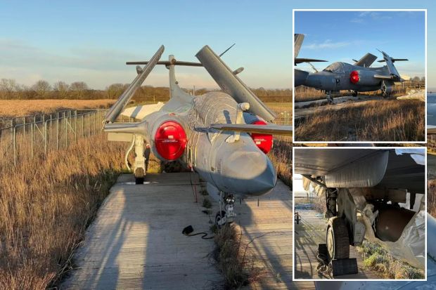 An image collage containing 3 images, Image 1 shows Rotting Hawker Hunter jet in a UK ex-military plane graveyard, Image 2 shows Abandoned Hawker Hunter jet and other fighter jets in a field, Image 3 shows Underside of a damaged Hawker Hunter jet in a plane graveyard