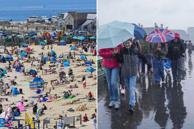 An image collage containing 2 images, Image 1 shows Crowded beach with sunbathers and beach umbrellas, Image 2 shows Pedestrians with umbrellas on Westminster Bridge in heavy rain