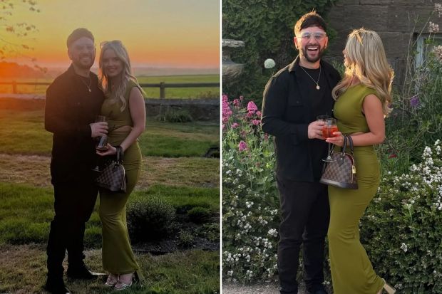 An image collage containing 2 images, Image 1 shows Couple standing in a field at sunset, Image 2 shows A man and woman smiling, holding drinks, outside a stone building