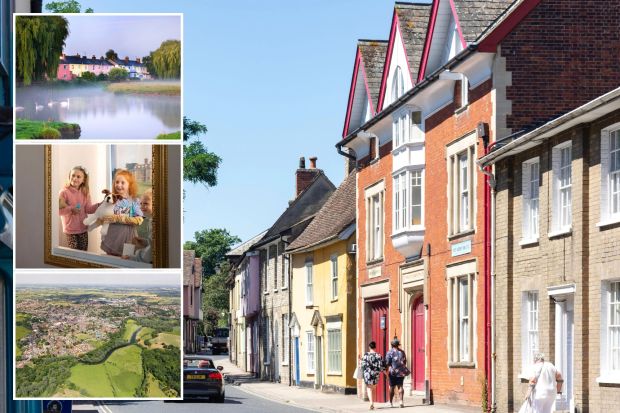 An image collage containing 4 images, Image 1 shows Street scene in Sudbury, Suffolk, with period buildings, Image 2 shows Swans on a misty river near colorful houses, Image 3 shows Aerial view of Sudbury, Suffolk, Image 4 shows Person photographing children in ornate picture frames