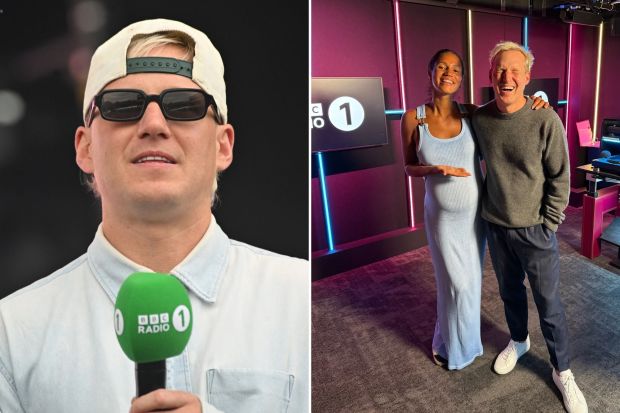 An image collage containing 2 images, Image 1 shows Jamie Laing at BBC Radio 1's Big Weekend, Image 2 shows Pregnant Vick Hope and a man in a radio studio