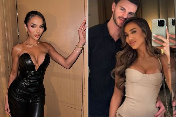An image collage containing 2 images, Image 1 shows Woman in black leather outfit, Image 2 shows Arianna Ajtar and her boyfriend in a selfie