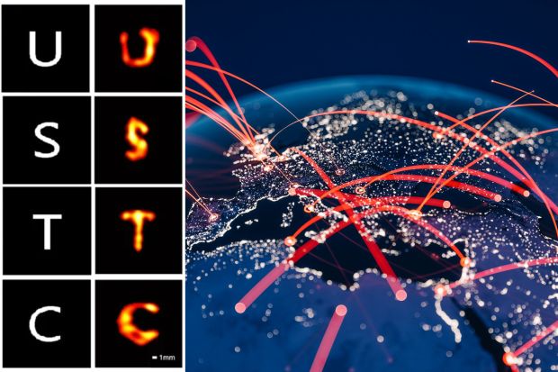 An image collage containing 2 images, Image 1 shows Illustration of an interferometer system illuminating a distant object and reconstructing its image, Image 2 shows Illustration of global connections shown as red lines on a nighttime Earth