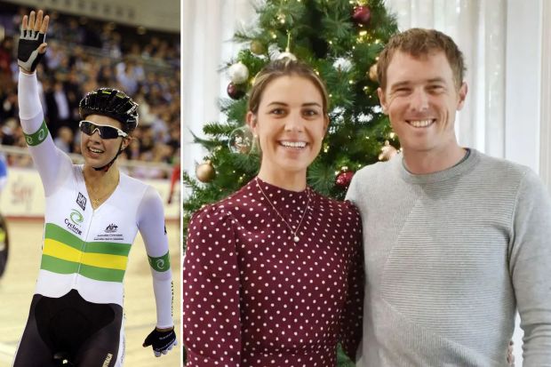 An image collage containing 2 images, Image 1 shows Melissa Hoskins, Australian track cyclist, celebrating a win, Image 2 shows Rohan Dennis and his wife Melissa Hoskins by a Christmas tree