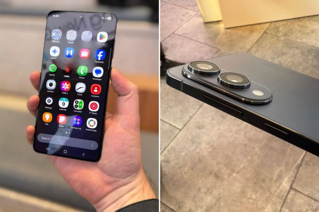 An image collage containing 2 images, Image 1 shows Hand holding smartphone displaying various apps, Image 2 shows Close-up of a dark-colored smartphone's camera lenses