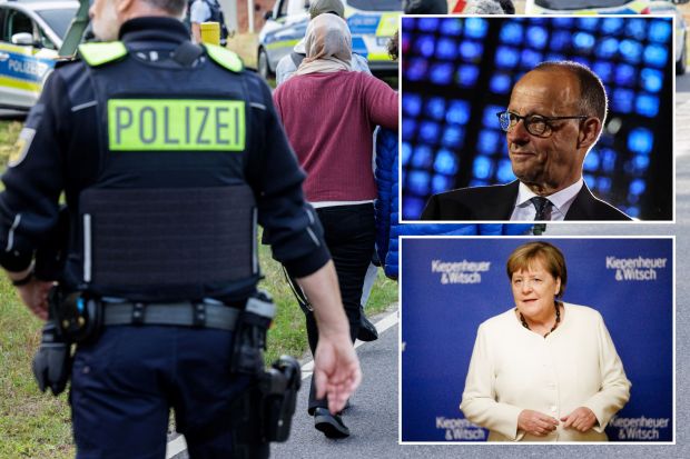 An image collage containing 3 images, Image 1 shows German police escorting migrants near the Polish border, Image 2 shows German Chancellor Friedrich Merz at an ecumenical service, Image 3 shows Angela Merkel at a book presentation