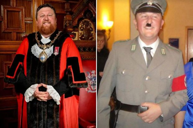 An image collage containing 2 images, Image 1 shows Portrait of the new Mayor of St. Helens Borough in his robes, Image 2 shows Photo of a man in a Nazi German military uniform