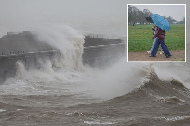 An image collage containing 2 images, Image 1 shows Rough seas crashing against a harbor wall, Image 2 shows Two people walking under an umbrella in a park during a rain shower