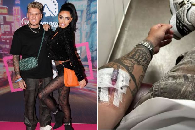 An image collage containing 2 images, Image 1 shows JJ Slater and Katie Price at a Geordie Shore launch party, Image 2 shows Person with an IV in their arm in a hospital