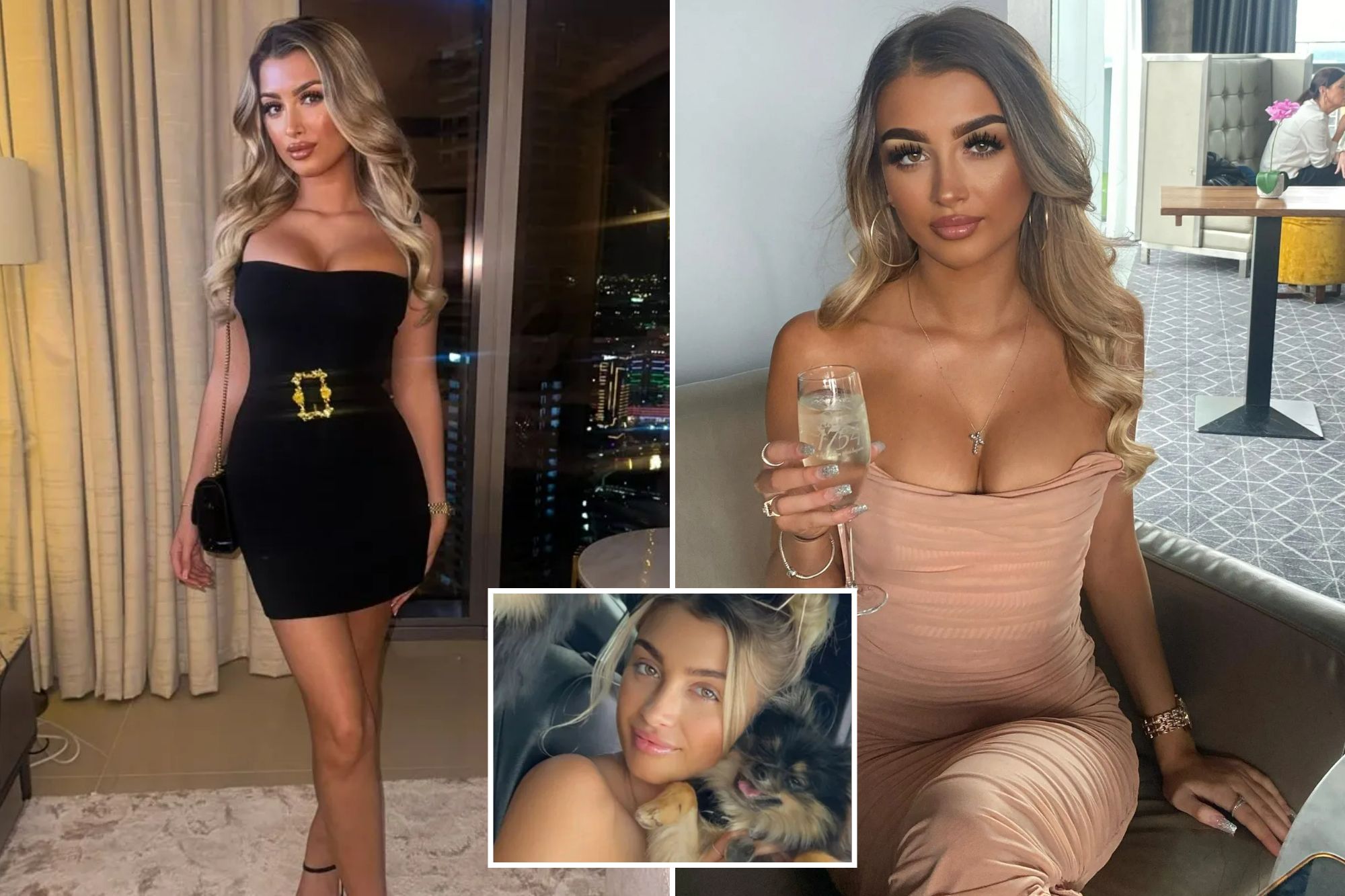 An image collage containing 3 images, Image 1 shows Woman in black dress in hotel room, Image 2 shows Woman in a pink dress holding a glass of champagne, Image 3 shows Woman holding two small dogs in a car