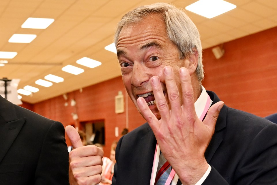 Nigel Farage celebrating a Reform Party by-election victory.