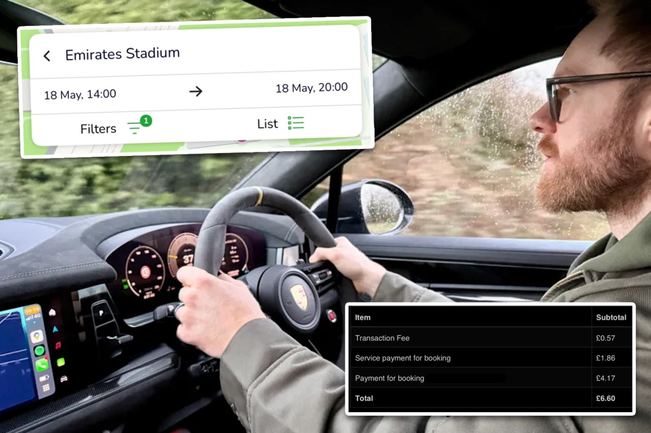 Man driving a car, navigation showing Emirates Stadium, and parking booking receipt.