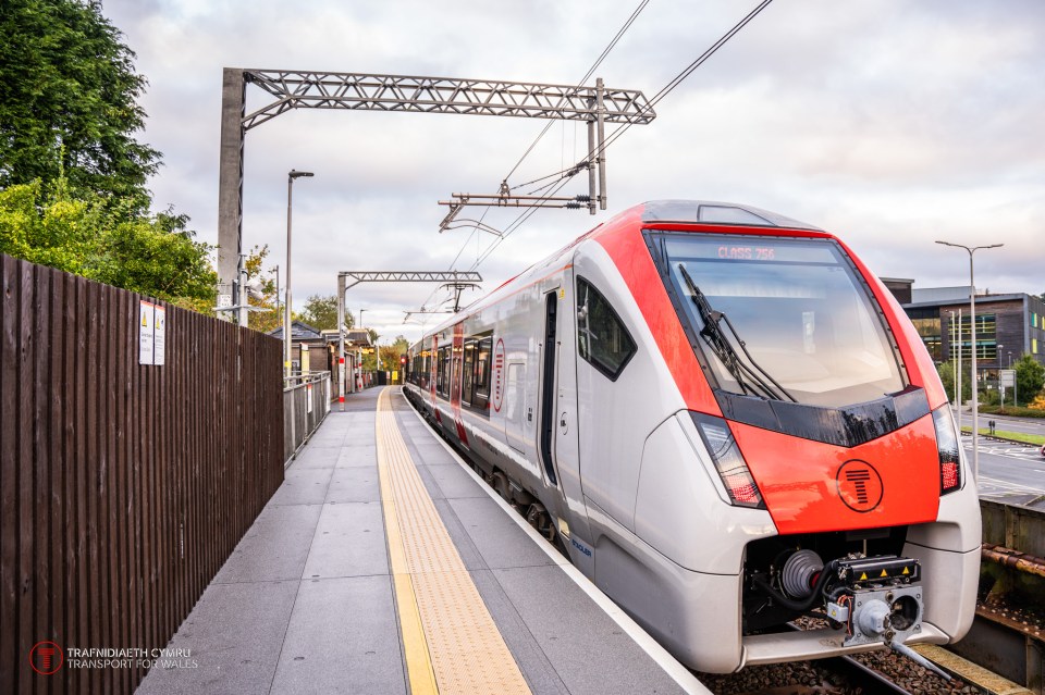 Class 756 tri-mode train at a South Wales Metro station.