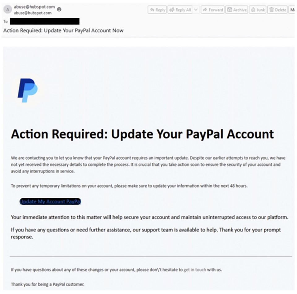 Email notification: Action required to update PayPal account.