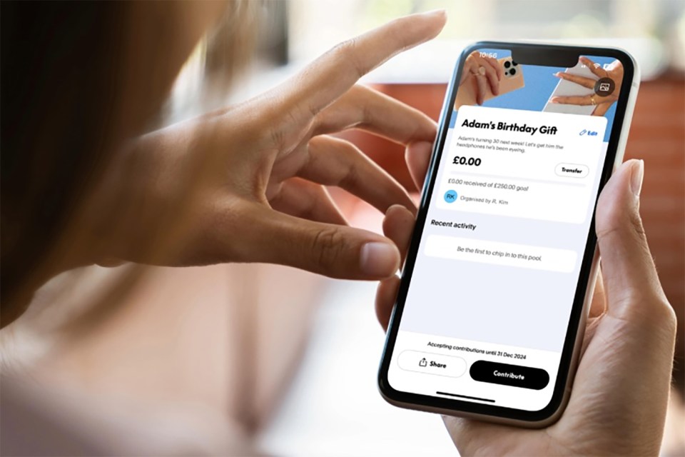 Person using a smartphone app to contribute to a birthday gift pool.