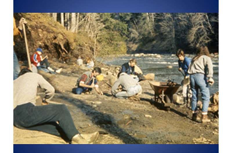 Paleontologists excavating a fossil near a river.