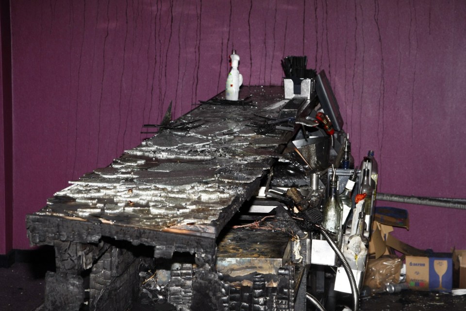Fire-damaged bar counter.