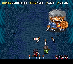 Screenshot of Pocky & Rocky 2 gameplay on Nintendo.
