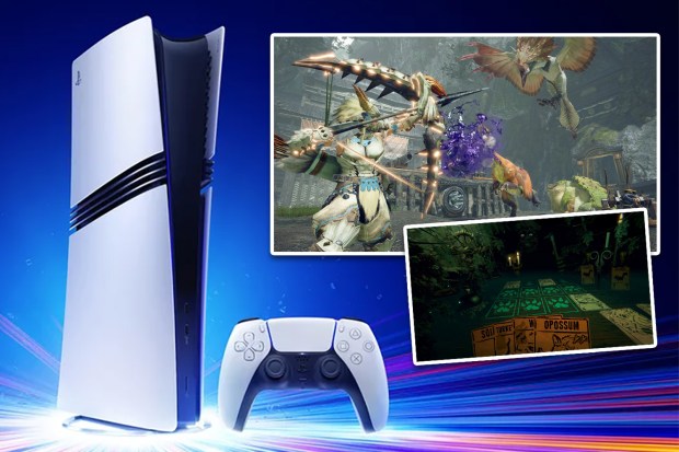 PS5 console with controller and game screenshots.