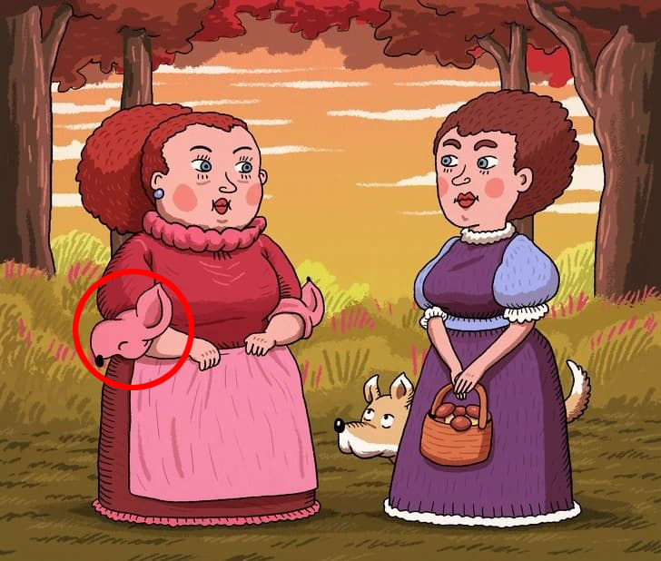 Illustration of two women, one holding a hidden dog.