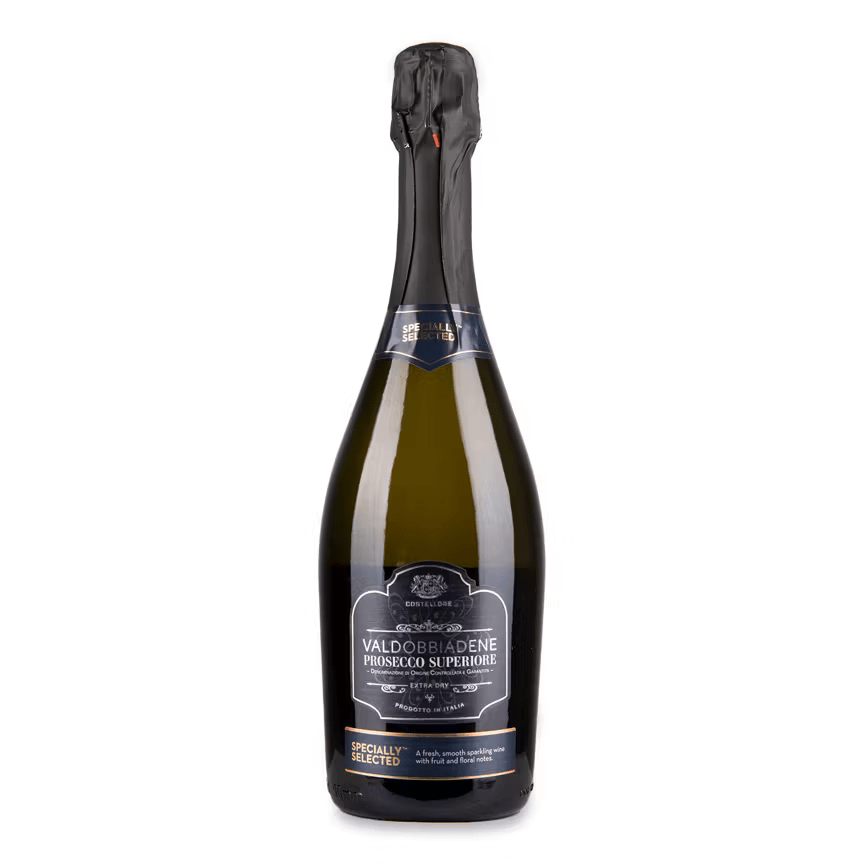 Bottle of Valdobbiadene Prosecco Superiore.