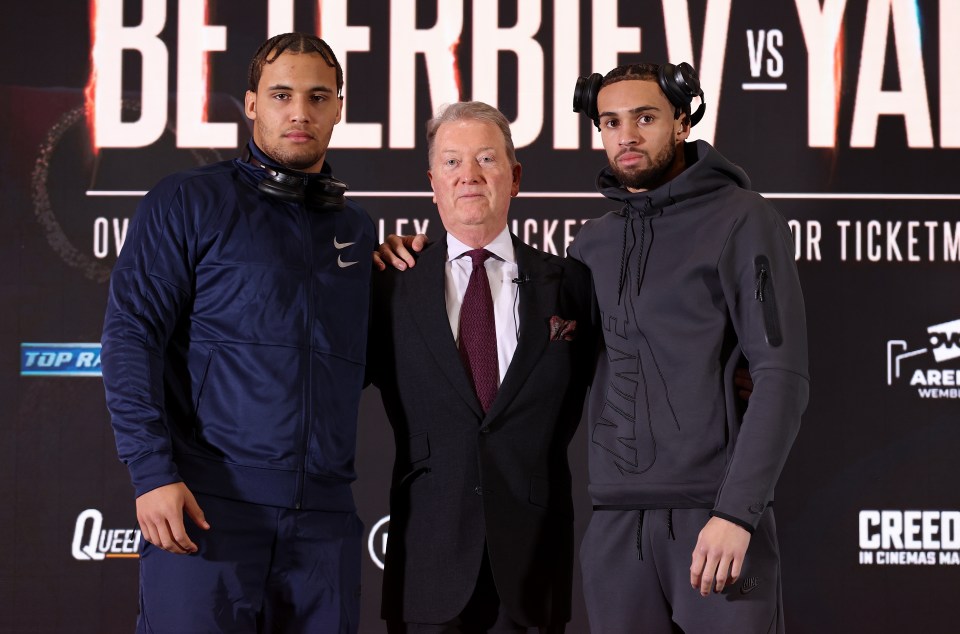 Karol Itauma and Moses Itauma with promoter Frank Warren at a press conference.