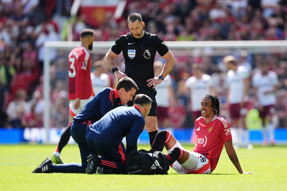 Injured soccer player receiving medical attention on the field.