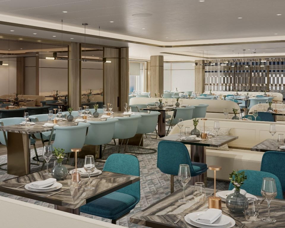 Illustration of the dining room on the Ritz-Carlton Yacht Luminara.