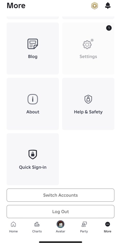 Roblox app settings menu with options for blog, settings, about, help & safety, quick sign-in, switching accounts, and logging out.