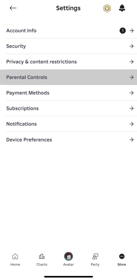 Roblox settings menu showing account info, security, privacy, parental controls, payment methods, subscriptions, notifications, and device preferences.