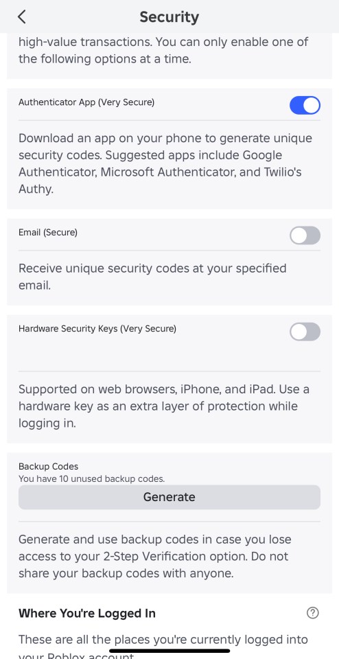 Roblox account security settings showing options for authenticator app, email, and hardware security keys.