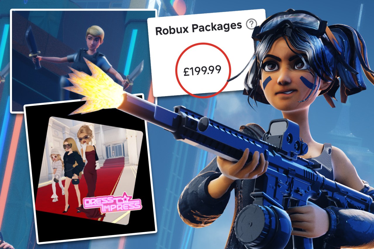Collage of Roblox game scenes and a Robux package price.