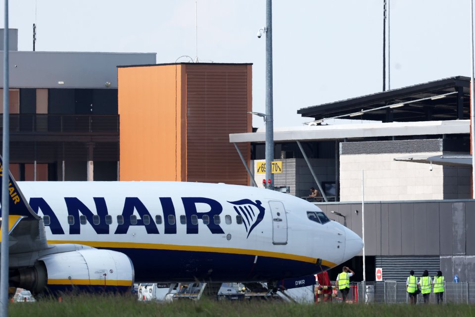 Ryanair airplane at an airport during a bomb threat.