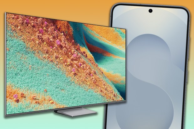 Samsung TV and phone displaying abstract art.