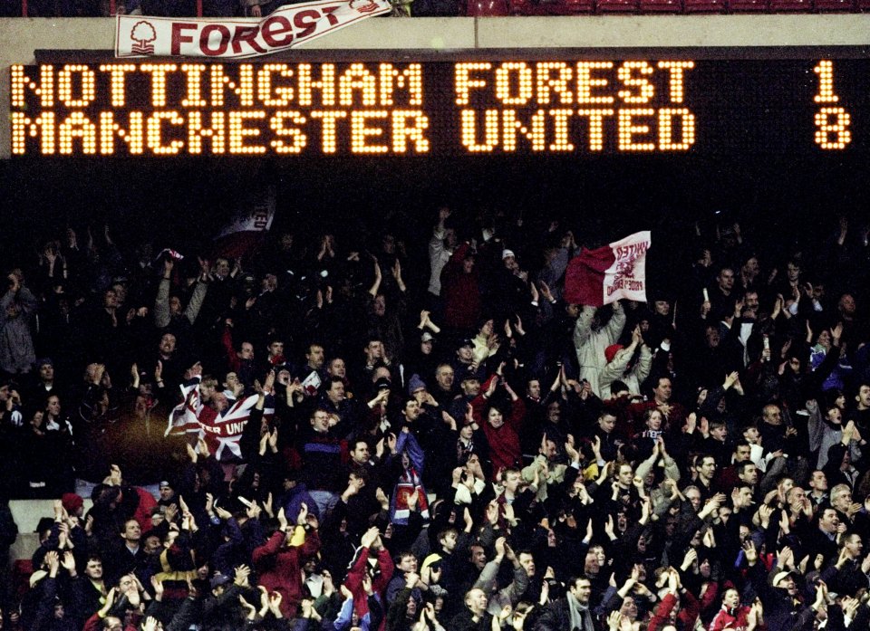 Scoreboard shows Manchester United's 8-1 win over Nottingham Forest.