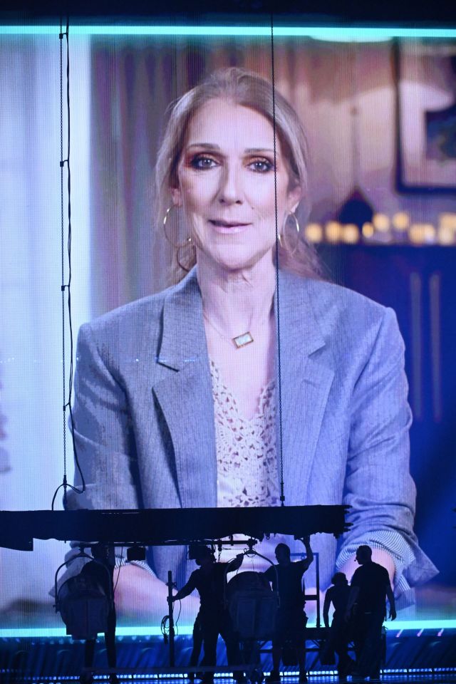 Large screen showing Celine Dion giving a recorded message at the Eurovision Song Contest dress rehearsal.